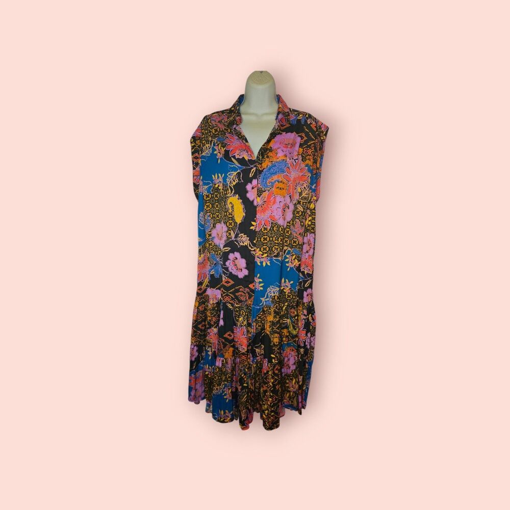 Free People Kimono Sleeve Midi Dress Black Floral Patchwork Boho Oversized XS